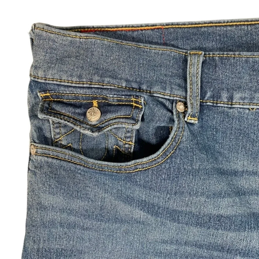 True Religion Geno Relaxed Slim Sz 40 Jeans Med Wash Blue Horseshoe‎ Custom Hem